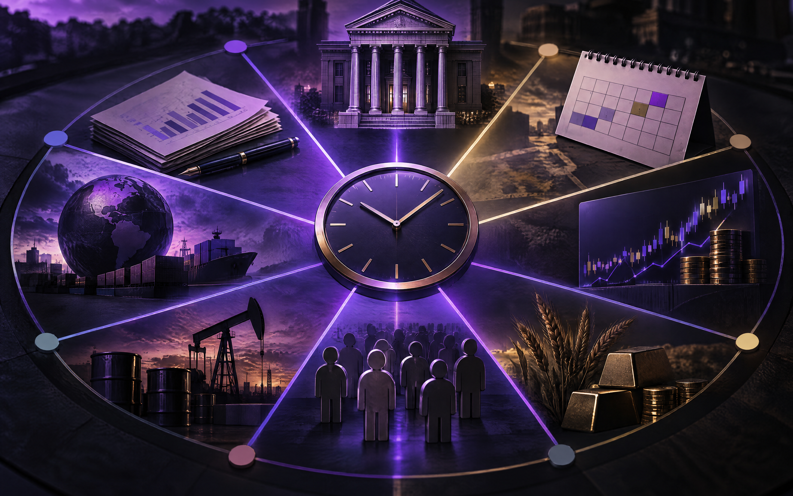 Ilustración oscura tipo panel circular para el balance semanal de los mercados, con reloj central, banco central, calendario económico, gráficos bursátiles, materias primas y siluetas anónimas de personas.