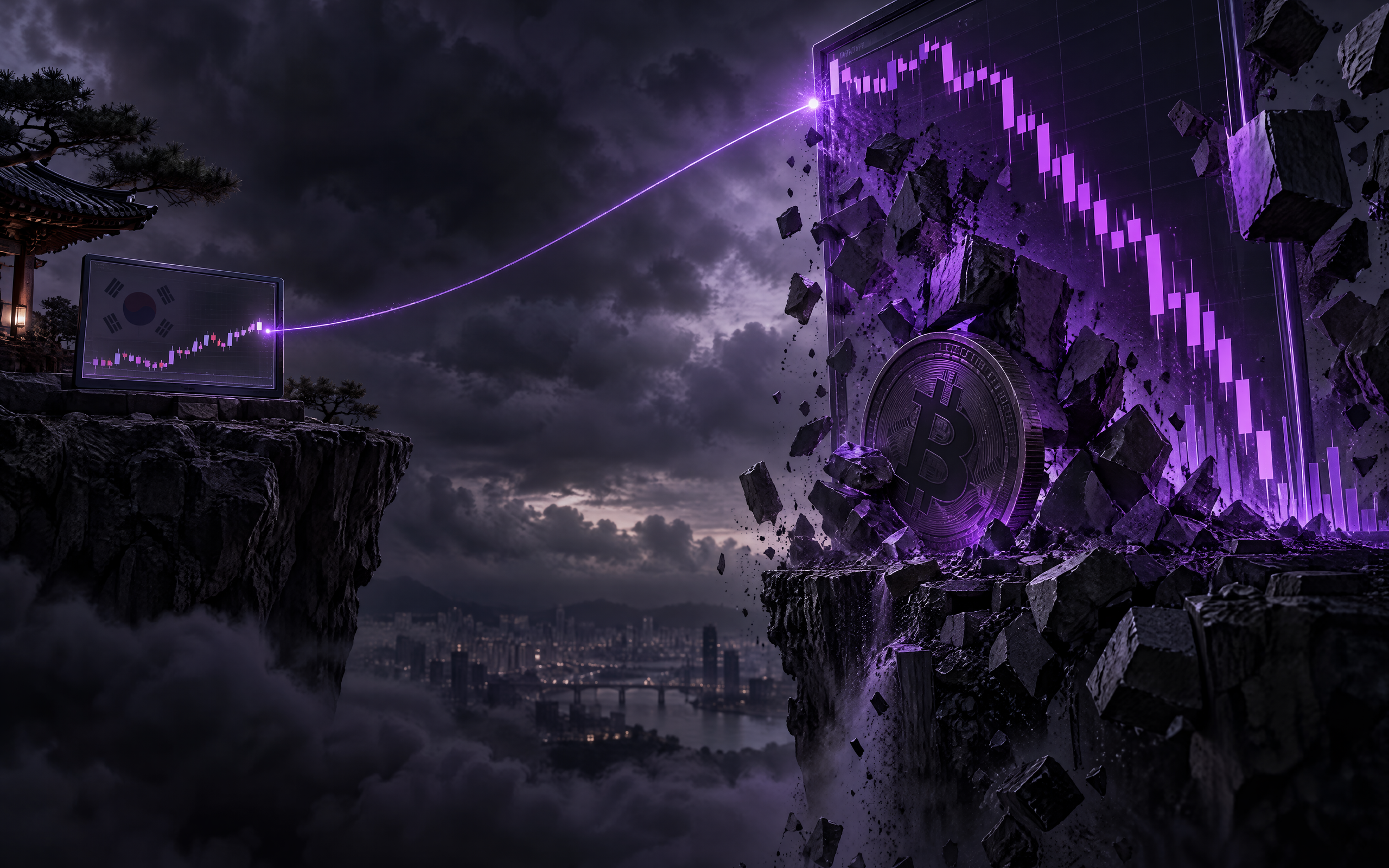 Ilustración oscura y estilizada: un rayo violeta conecta una pantalla con la cotización de SK Hynix, presentada como un oráculo, con una moneda cripto que estalla sobre una ciudad nocturna, sin texto ni rostros identificables.
