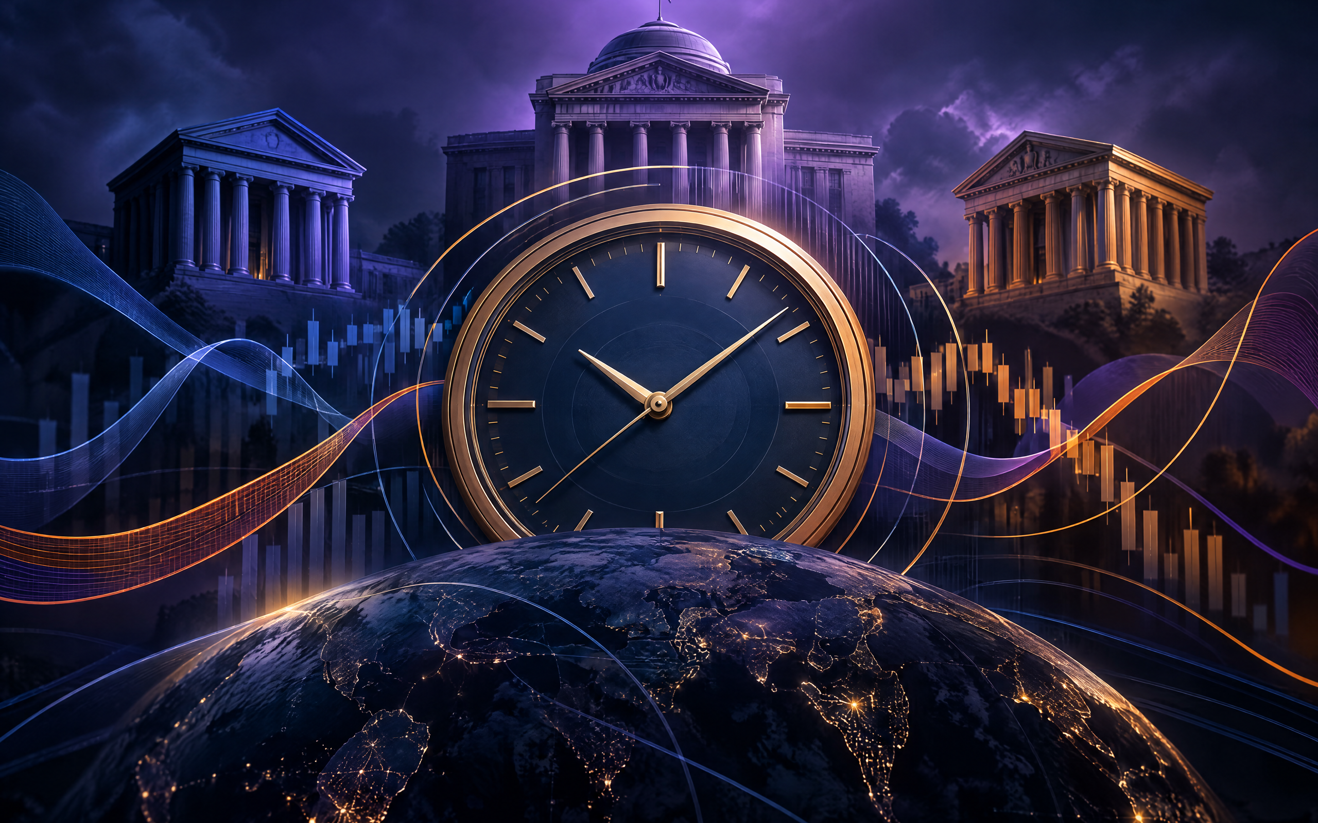 Illustration Sunburst : horloge doree sur globe, entouree de facades institutionnelles et de courbes de marche. Represente l'agenda des PMI flash et banques centrales des 23 et 24 septembre 2026.