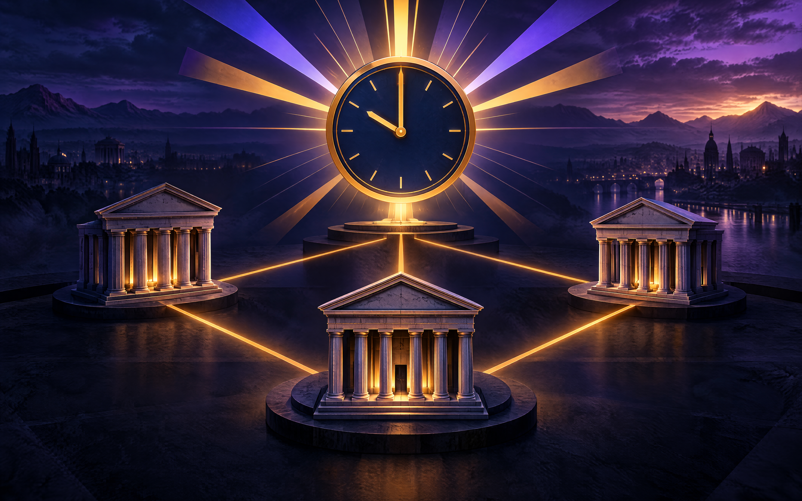 Illustration nocturne de trois temples classiques symbolisant Norges Bank, Riksbank et la BNS, relies par des lignes dorees a une horloge lumineuse en eventail au-dessus d'une ville au bord de l'eau, representant une decision monetaire prise le meme jour par les trois banques centrales