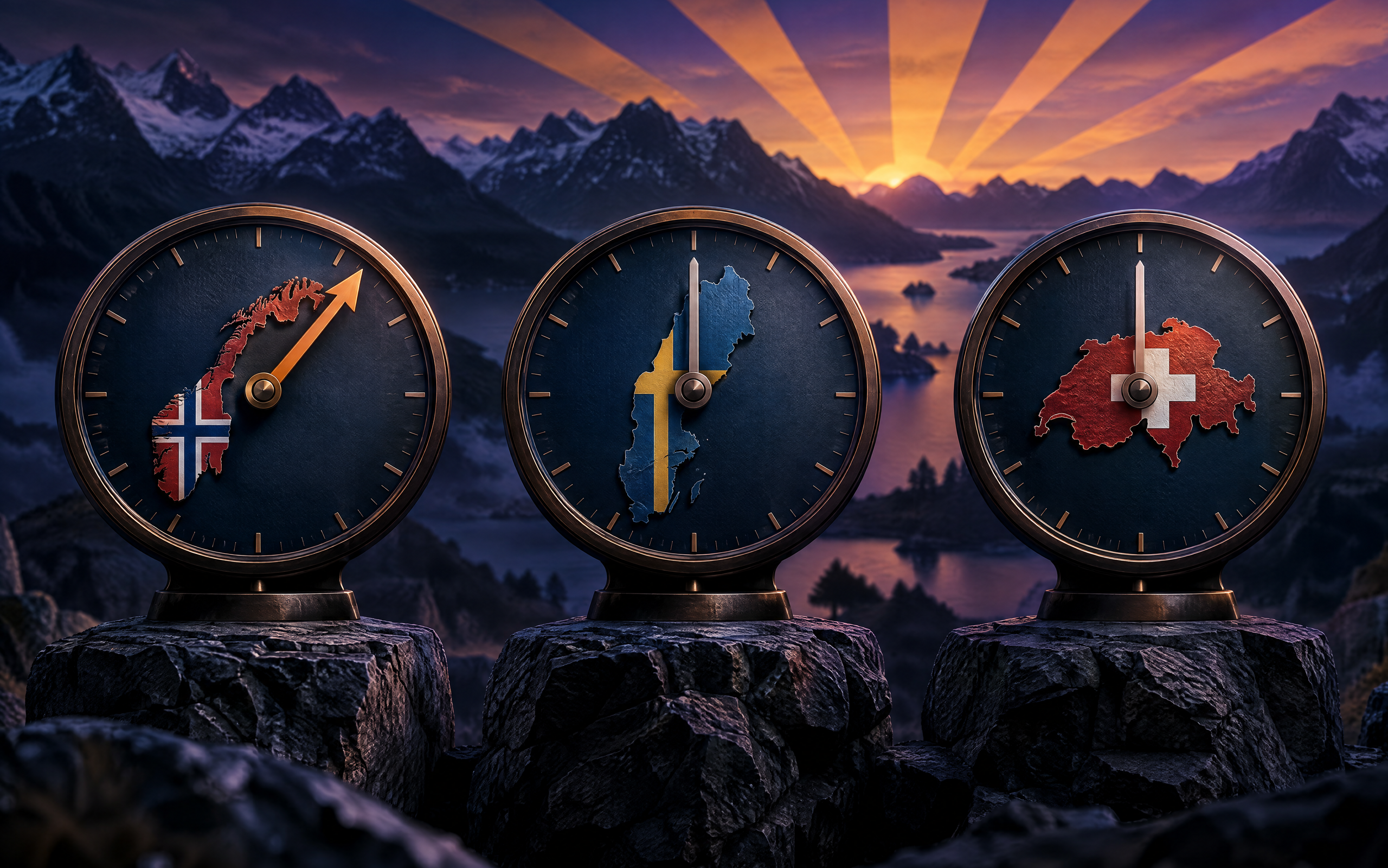 Illustration Sunburst de trois horloges sur des rochers en montagne au crepuscule, ornees des drapeaux norvegien, suedois et suisse sous des rayons en eventail, illustrant la hausse Norges Bank face au statu quo des banques voisines