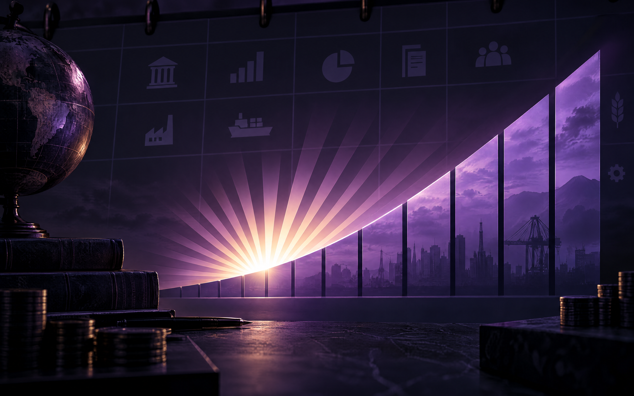 Ilustración oscura y estilizada de una curva ascendente luminosa que cruza un horizonte urbano nocturno, con iconos financieros y monedas, que representa la subida del rendimiento a 10 años en el mercado de bonos.