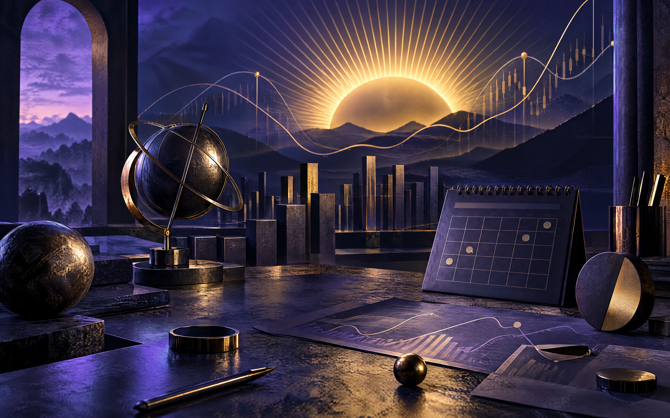 Illustration sombre de style Sunburst pour le Journal du 27 septembre 2026 : lever de soleil dore au-dessus d'une skyline stylisee, courbe boursiere lumineuse, globe terrestre et calendrier sur un bureau, sans texte ni visage identifiable.