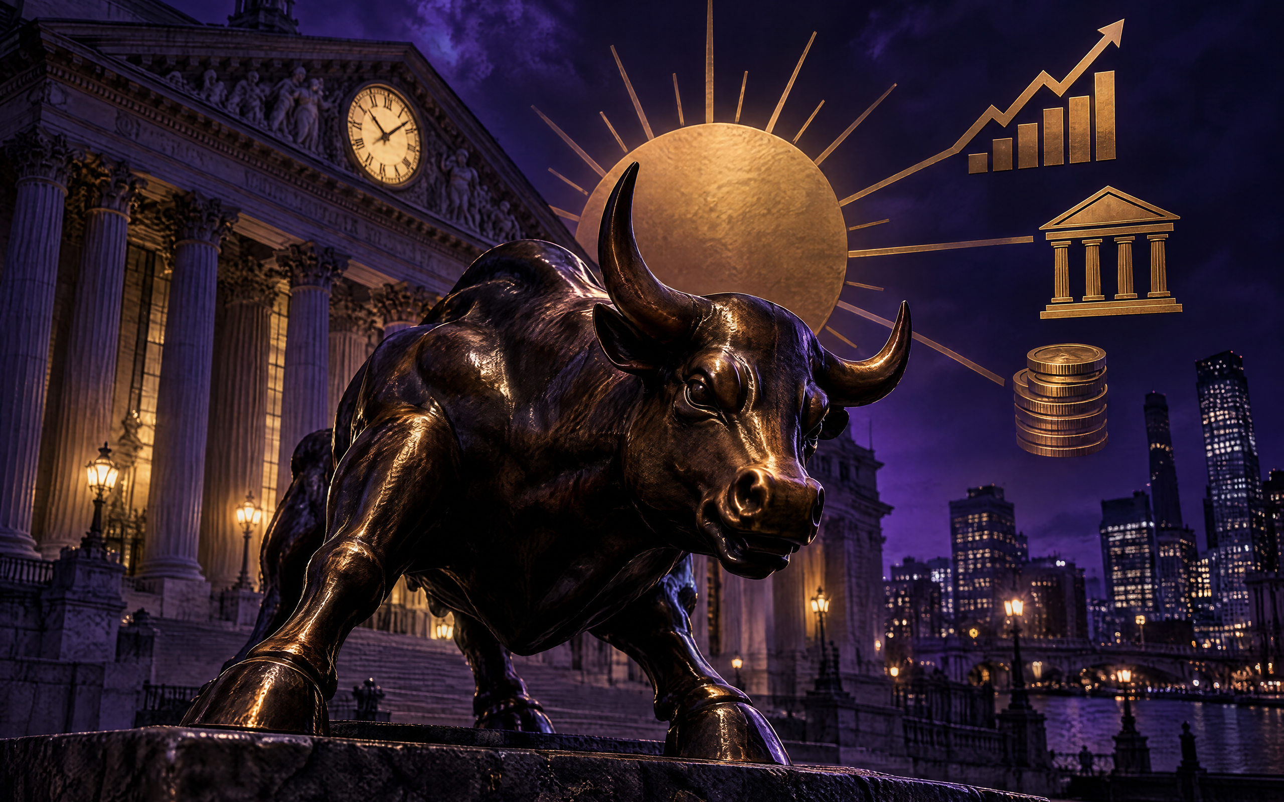 Golden nighttime illustration of the Wall Street bull under a bright sun, surrounded by a rising chart, coins, and a bank, illustrating the daily briefing for September 28, 2026 on financial markets.
