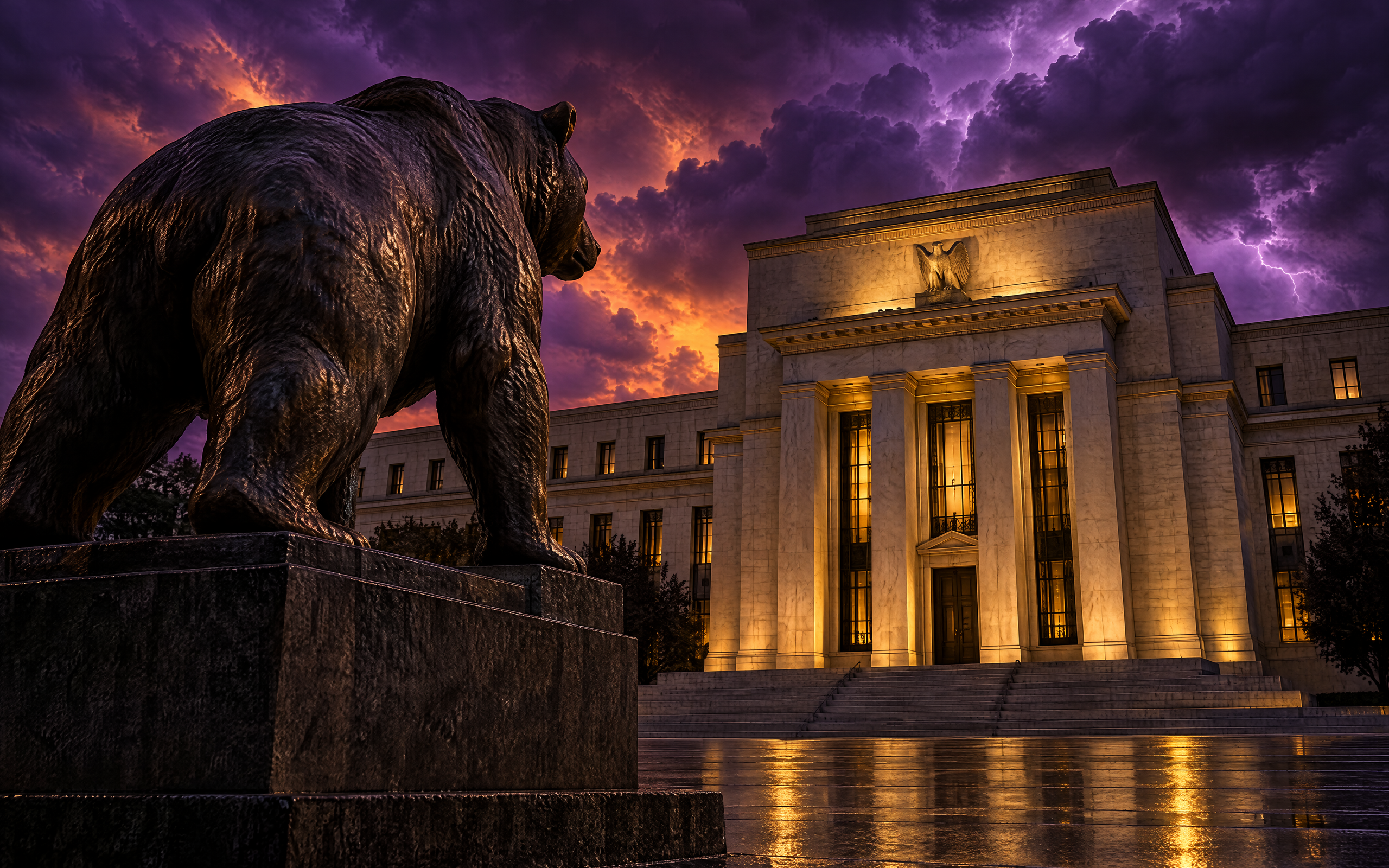 Illustrazione scura di una statua di orso in bronzo davanti alla sede della Federal Reserve, sotto un cielo di tempesta viola con fulmini, che simboleggia il Diario del 29 settembre 2026 sui mercati finanziari.
