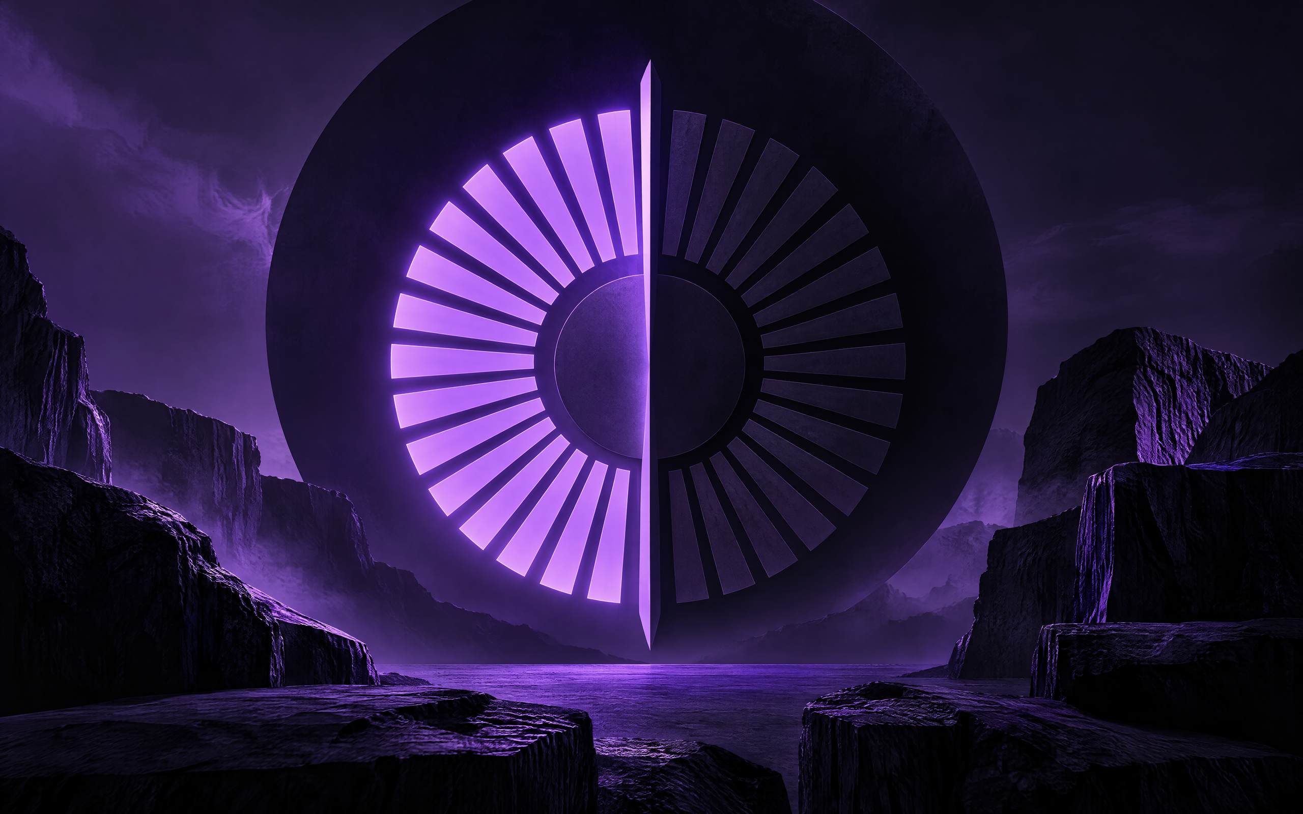 Illustration sombre de style Sunburst representant un cercle radiant violet scinde en deux moities inegales au dessus d'un paysage rocheux, evoquant la cloture a 50% de la marge sur un compte de trading.