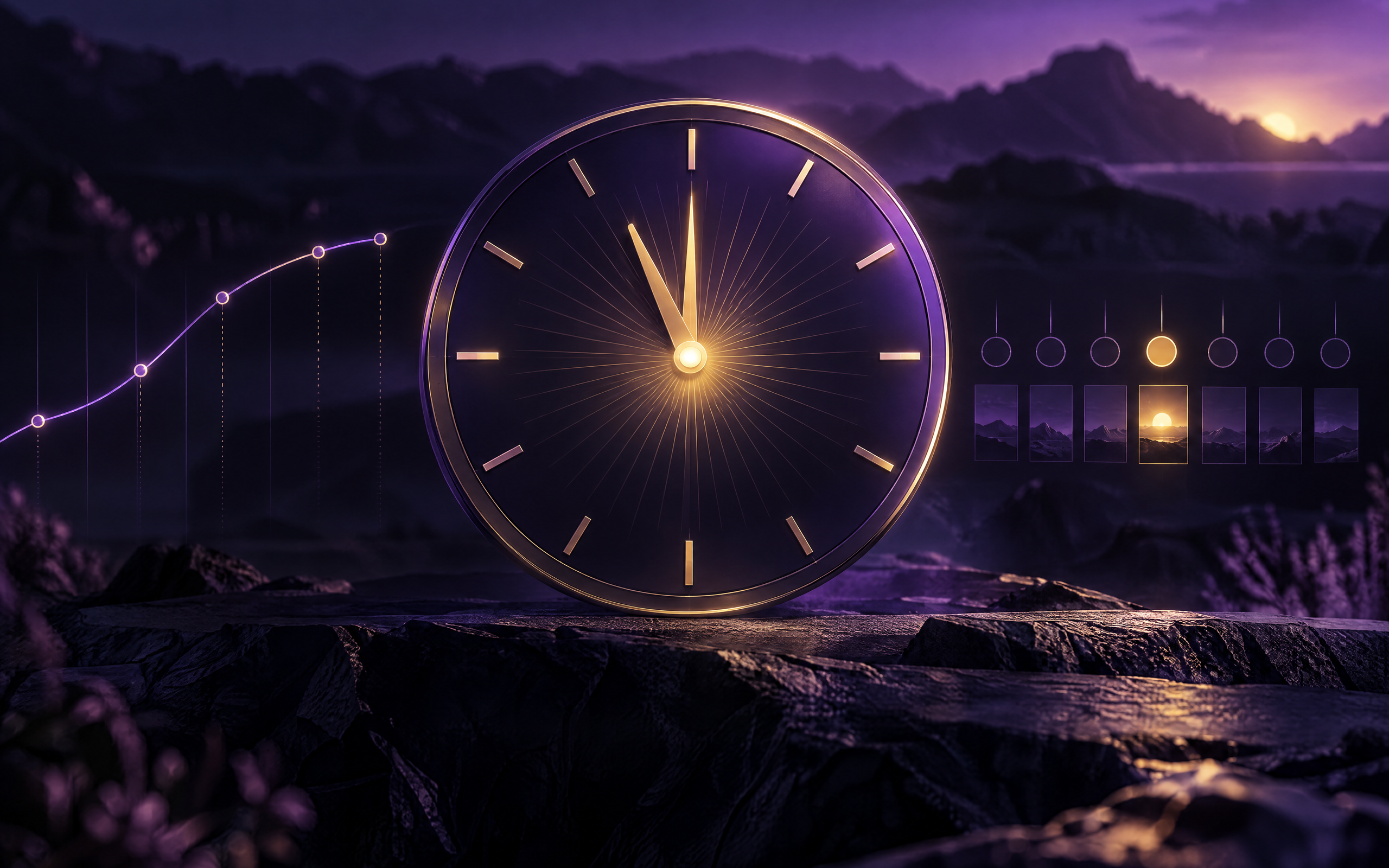 Stilisierte Sunburst-Illustration einer goldenen Uhr umgeben von einem Börsenchart, die die nächtlich anfallende Overnight-Finanzierung bei CFD-Positionen symbolisiert.