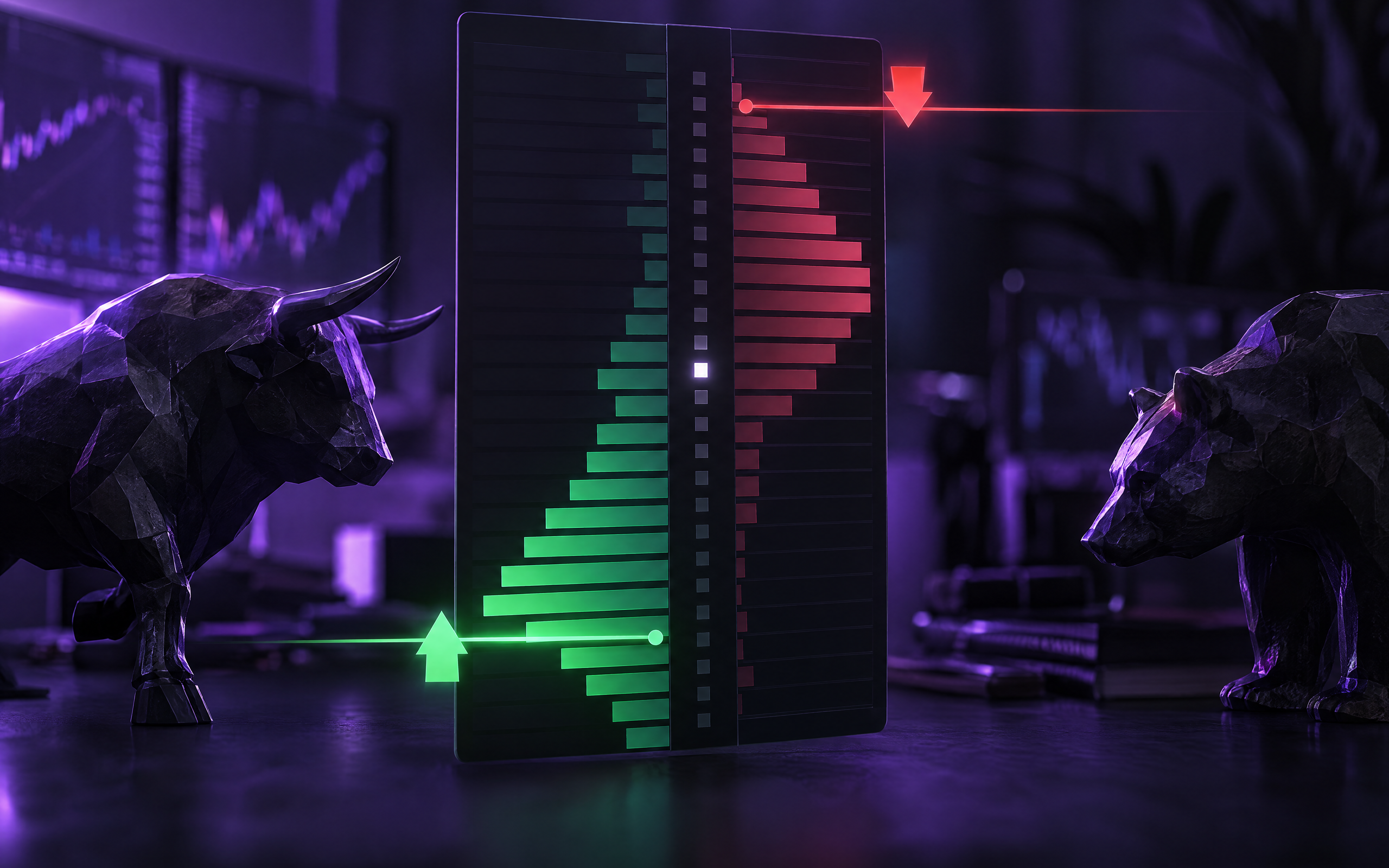 Dark illustration of a green and red digital order book flanked by stylized bull and bear figures, with two arrows pointing to buy and sell, depicting the limit order principle in trading.