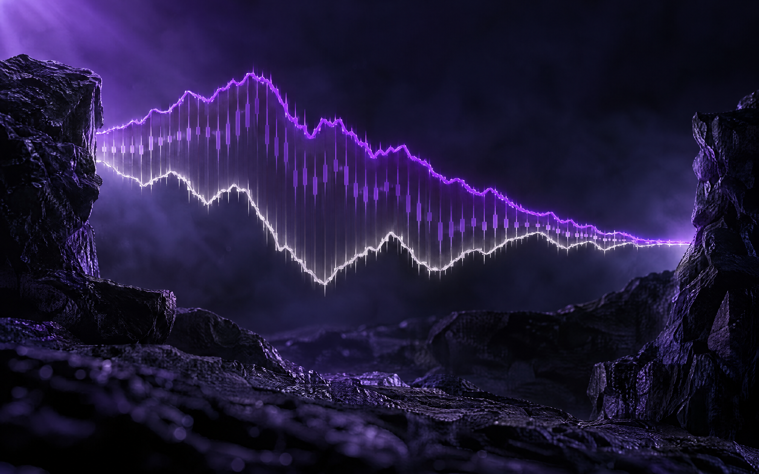 Ilustración abstracta oscura de dos curvas luminosas, una violeta y otra blanca, que se separan y luego se acercan entre rocas, representando el diferencial comprador-vendedor en los mercados financieros.