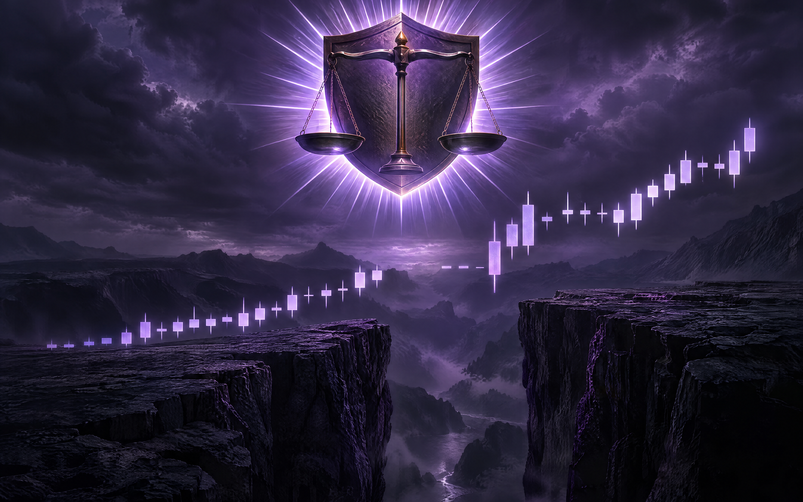 Dark illustration of a glowing shield above a scale of justice, symbol of negative balance protection, over a candlestick chart between two cliffs under a stormy purple sky.