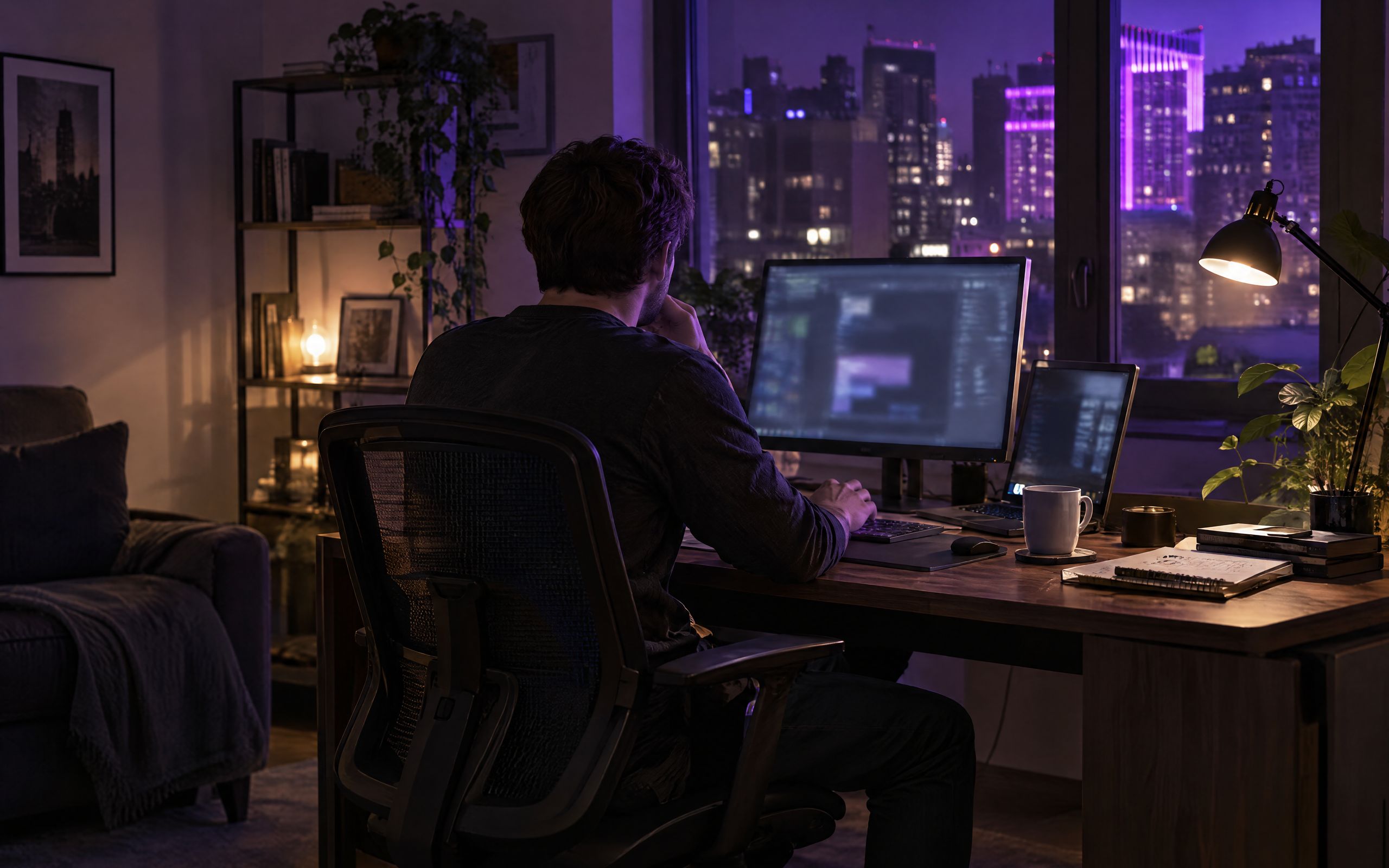 Un trader vu de dos, la nuit, dans le bureau d'un appartement : assis devant son écran, il travaille face à la fenêtre où brillent les lumières violettes de la ville.