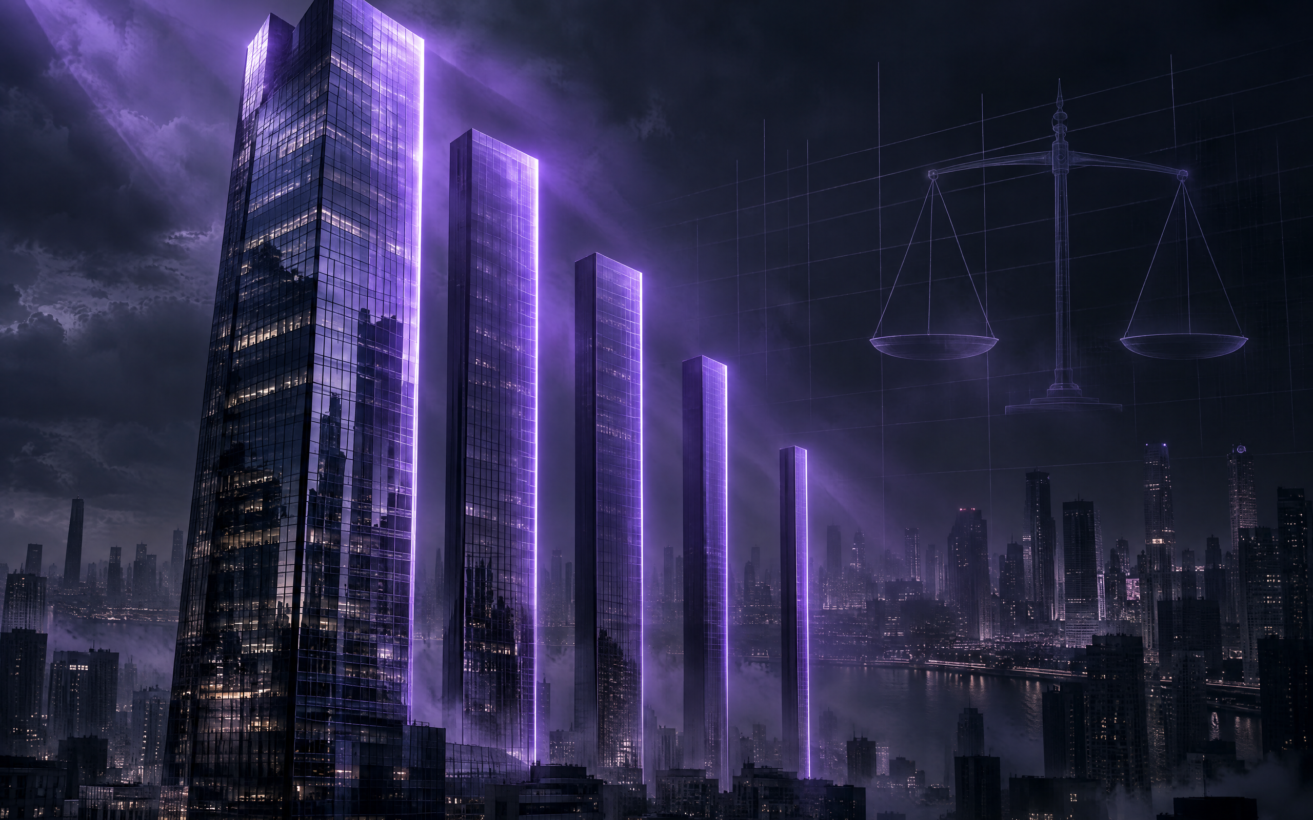 Illustrazione cinematografica scura di uno skyline urbano con grattacieli viola luminosi di altezza decrescente e una bilancia suspesa nel cielo, che simboleggia il limite di leva, senza testo ne volti identificabili