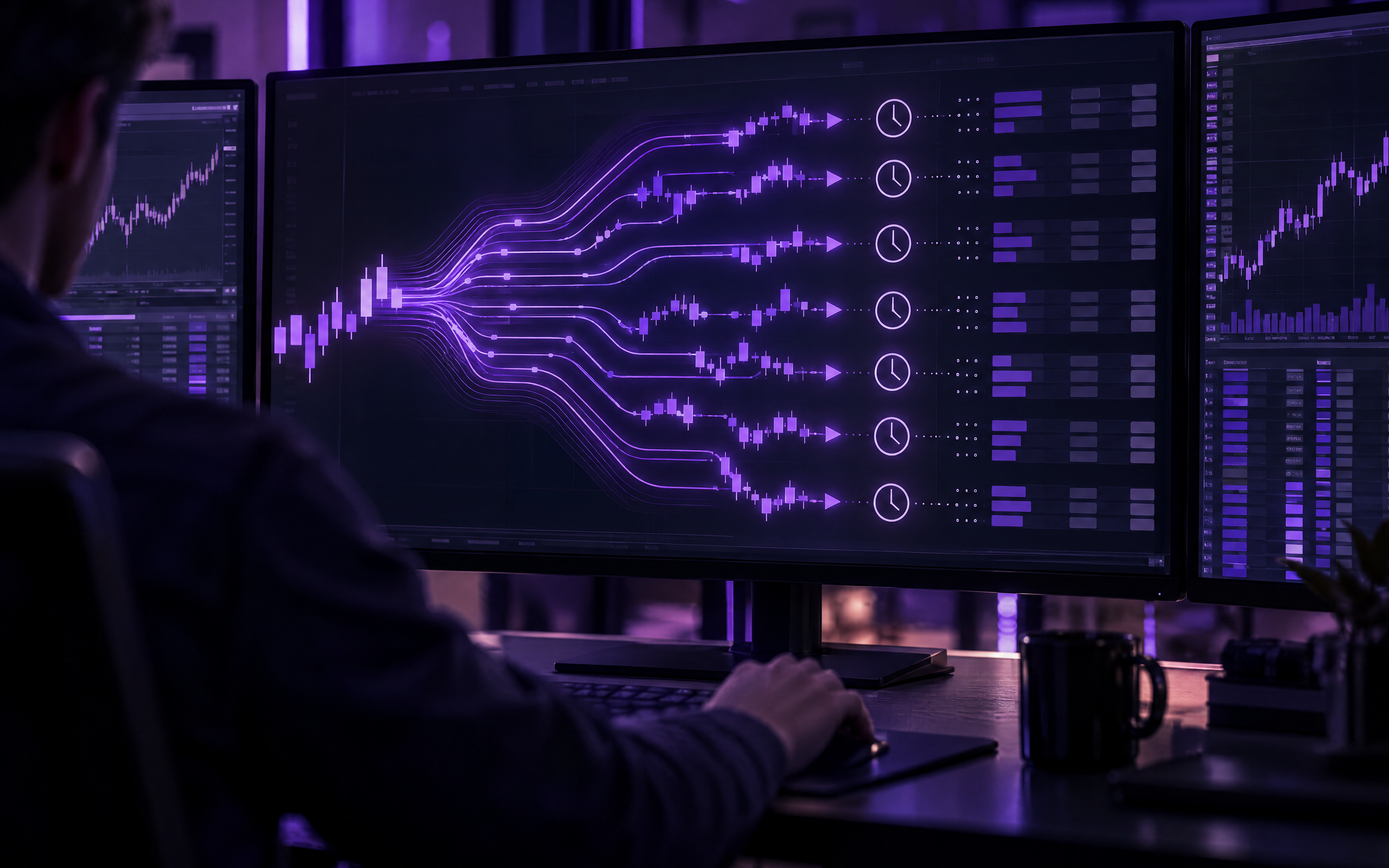 Illustrazione scura di un trader di spalle davanti a schermi con grafici borsistici viola, con linee che si duplicano verso orologi, a evocare ordini duplicati durante una fusione tra broker.