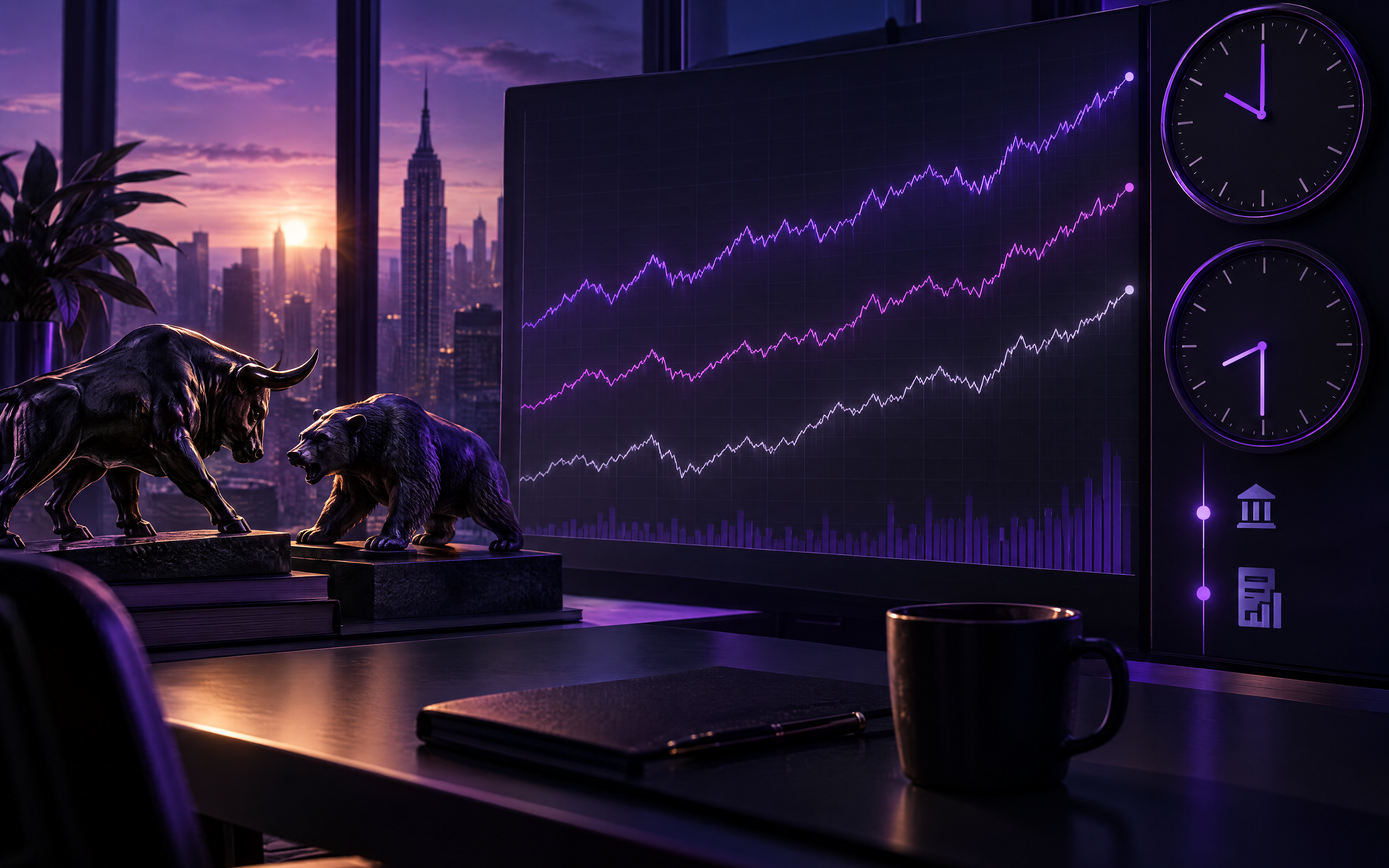 Illustration sombre d'un bureau de trading avec statues de taureau et d'ours, écran affichant des courbes boursières violettes et roses, deux horloges et skyline nocturne, illustrant le journal du 1er octobre 2026 sur les marchés financiers.