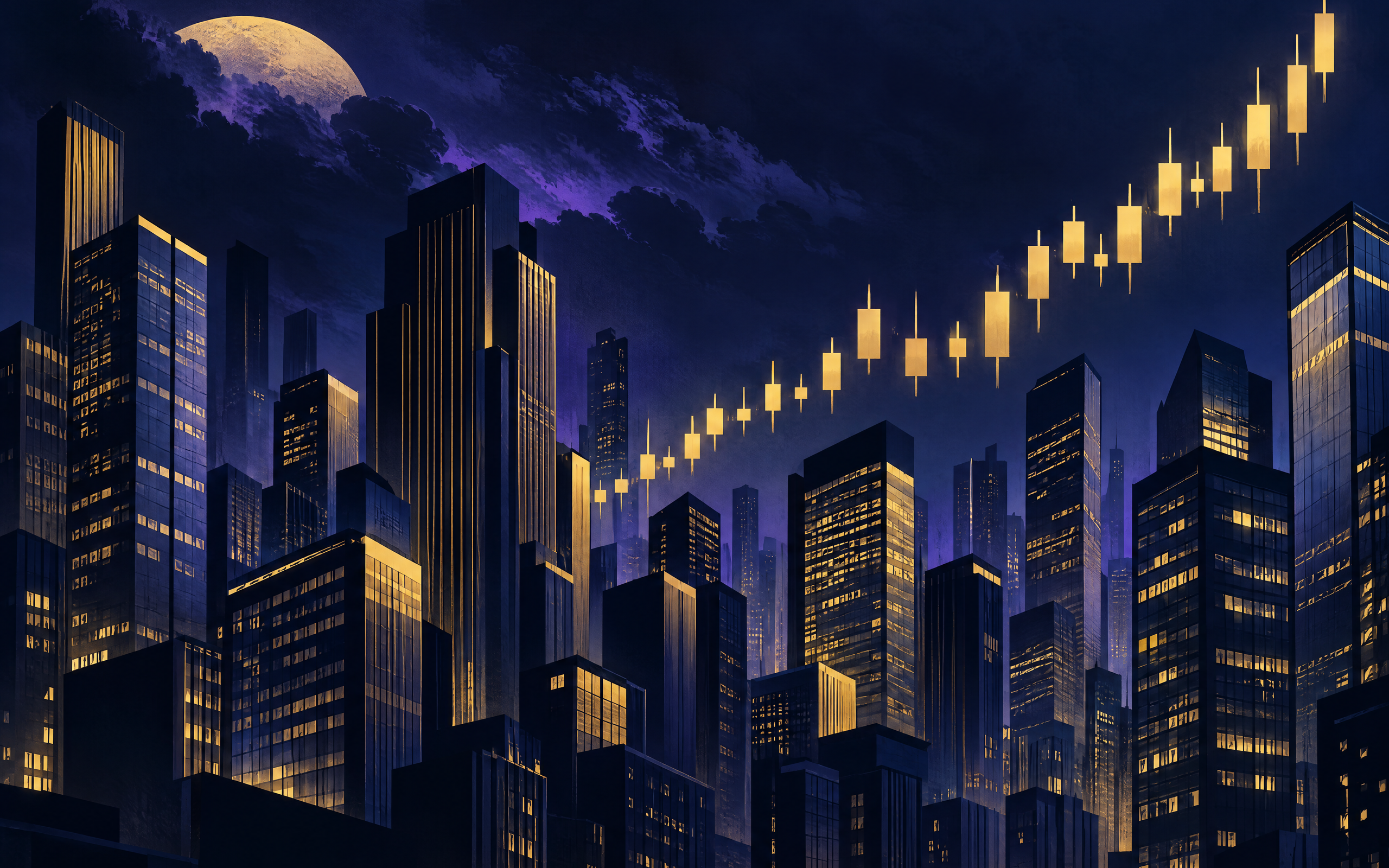 Ilustración oscura de un horizonte urbano nocturno con un gráfico de velas japonesas ascendente superpuesto, que simboliza la subida de Wall Street tras la publicación del ISM manufacturero 54,5.