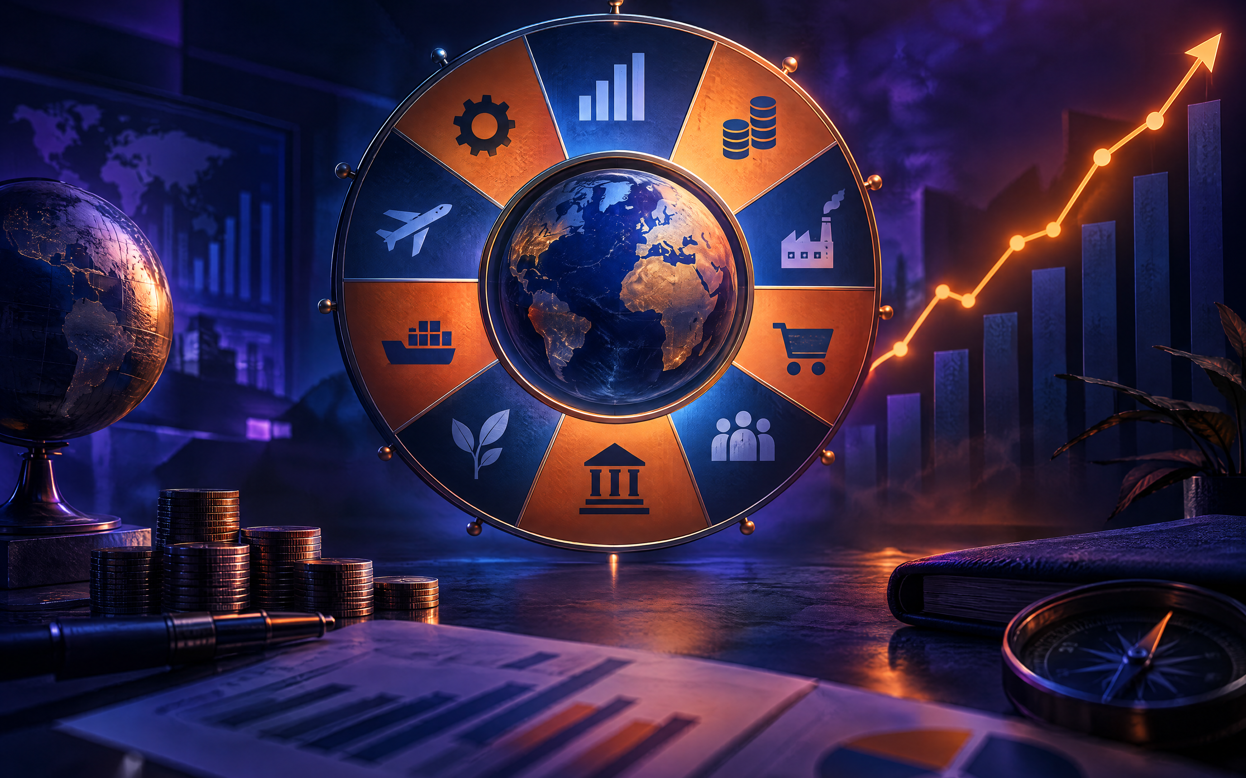 Illustrazione scura a ruota solare con globo centrale, icone economiche e freccia di borsa in salita, che evoca l'occupazione USA settembre e i mercati mondiali.
