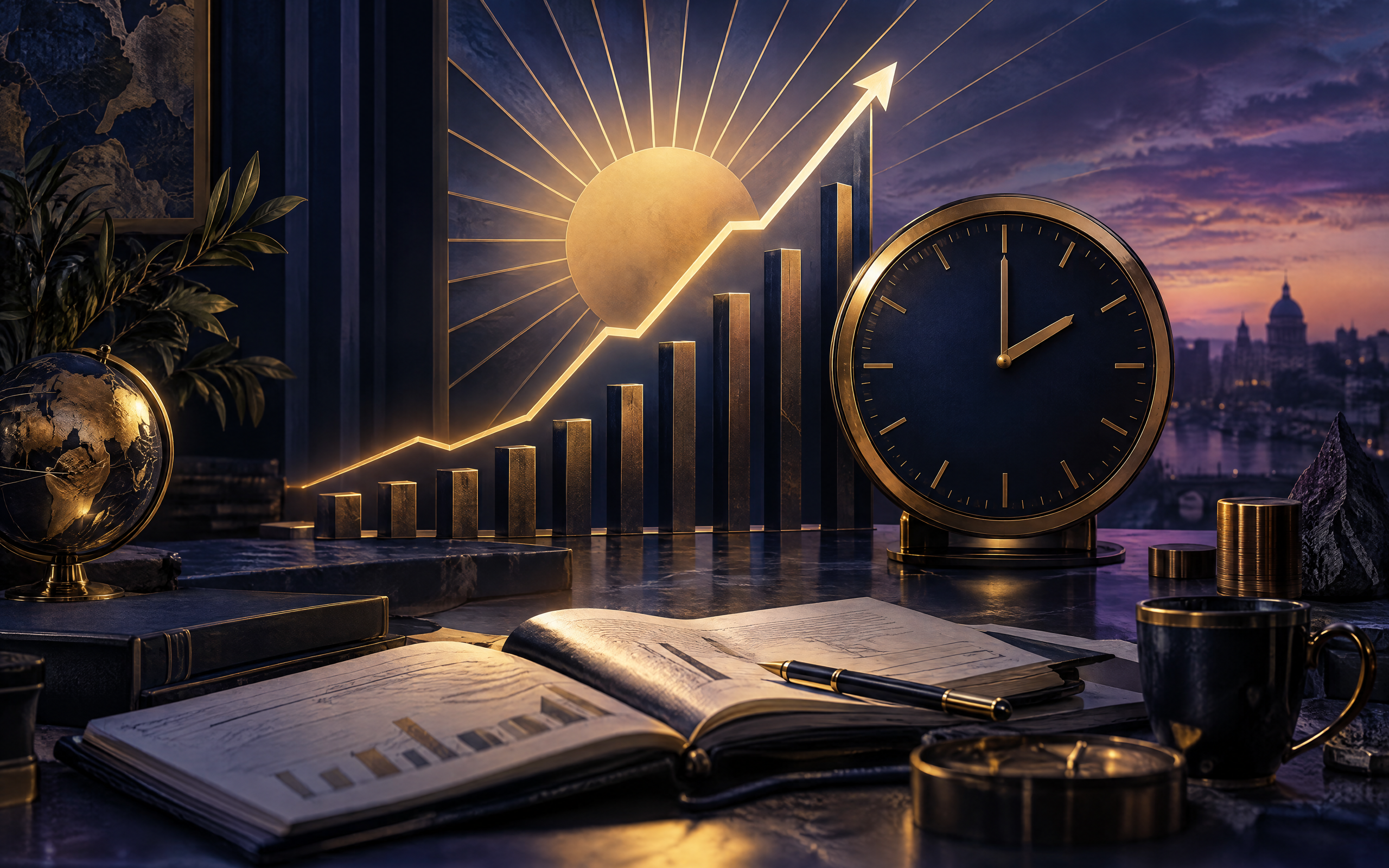 Dunkle und goldene Illustration mit aufsteigendem Pfeil, goldenem Balkendiagramm, Uhr und Globus, die den Rekord 7.800 Punkte des S&P 500 symbolisiert.