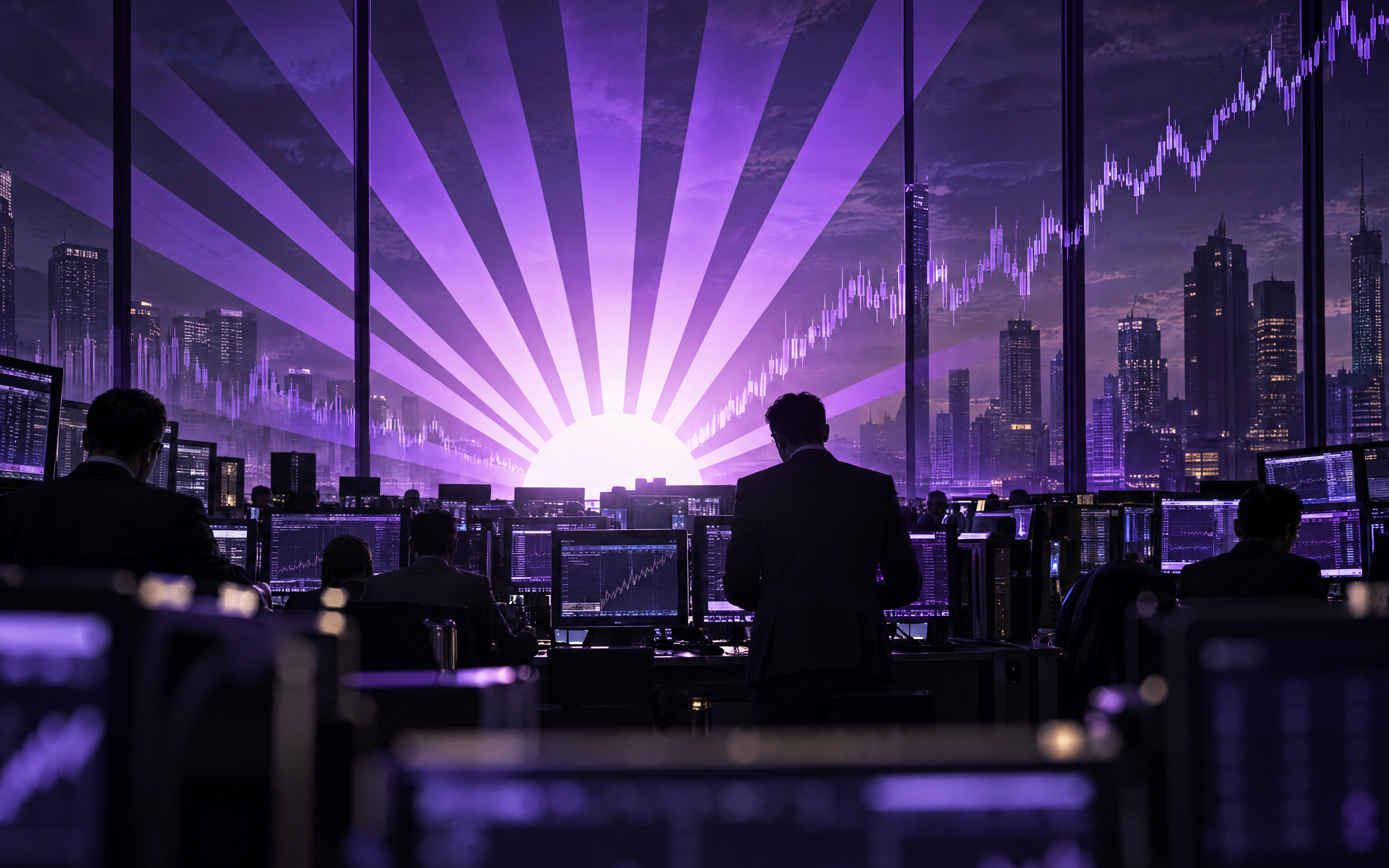 Illustrazione scura di trader in silhouette davanti a schermi di quotazioni, che evoca i verbali del FOMC del 7 ottobre, con un sunburst viola che simboleggia le tensioni sui mercati di New York.