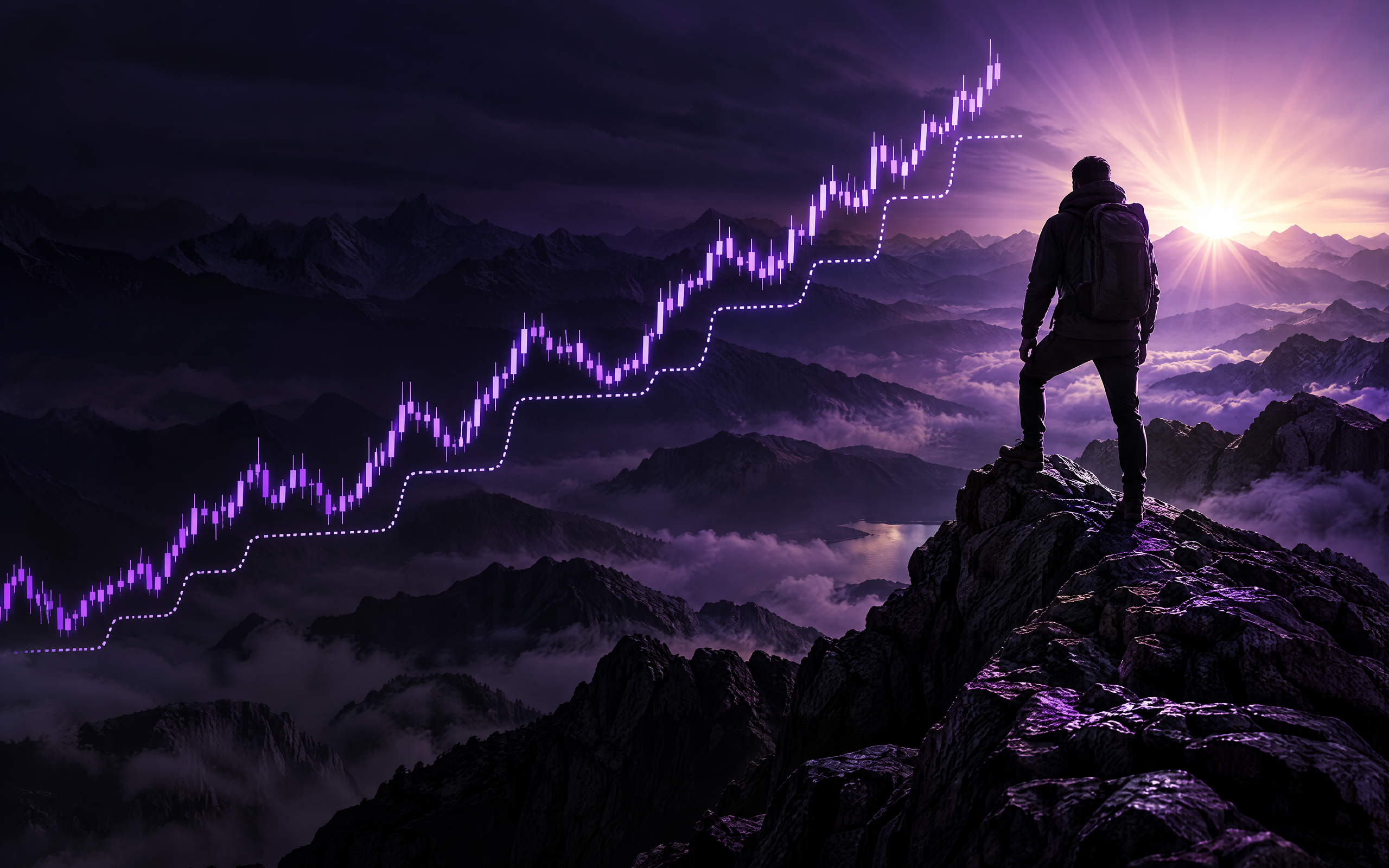 Illustration sombre d'un randonneur en silhouette au sommet d'une montagne, face à un lever de soleil violet, avec un graphique en chandeliers et une ligne en escalier représentant un ordre stop suiveur qui suit la hausse progressive du cours.