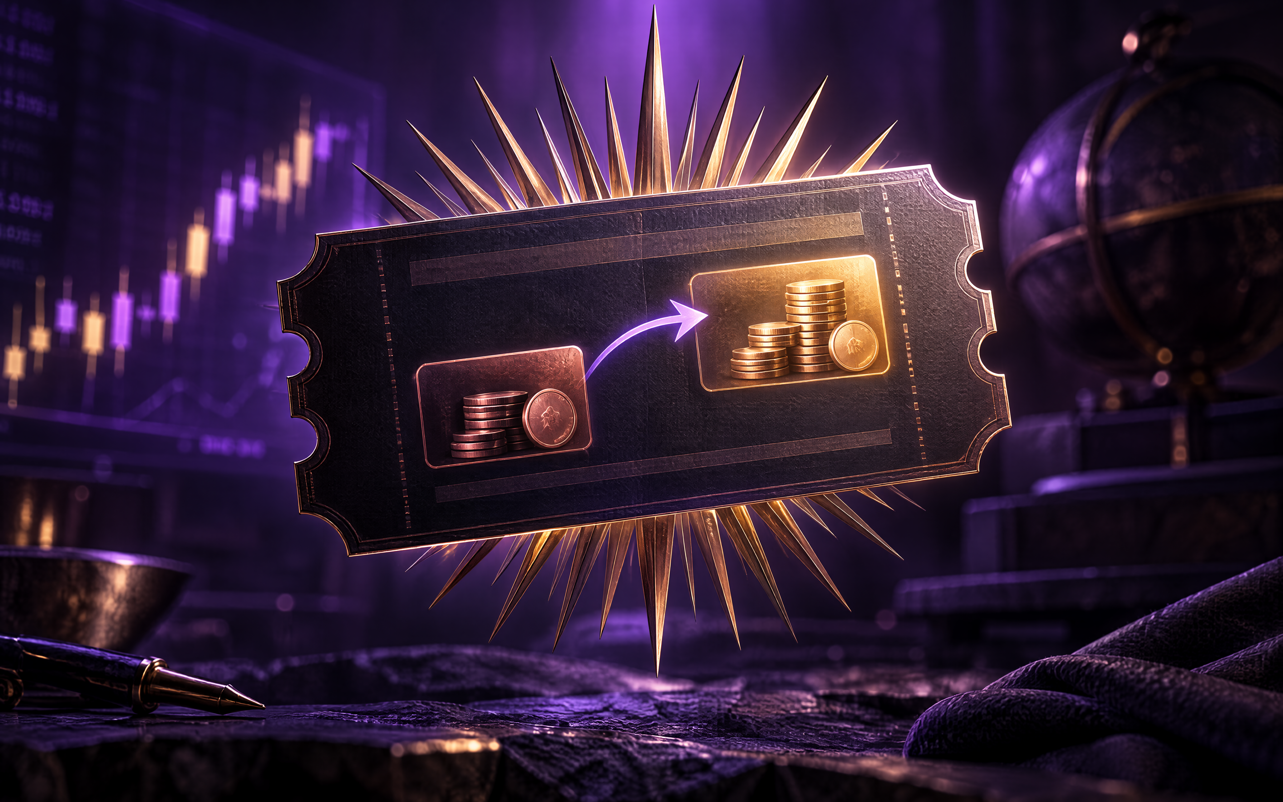 Dunkle Illustration eines goldenen strahlenden Tickets, ein Münzstapel, der durch einen Pfeil mit einem größeren Stapel verbunden ist, vor violetten Trading-Kerzen, als Sinnbild für Slippage CFD zwischen angezeigtem und tatsächlichem Ausführungskurs.