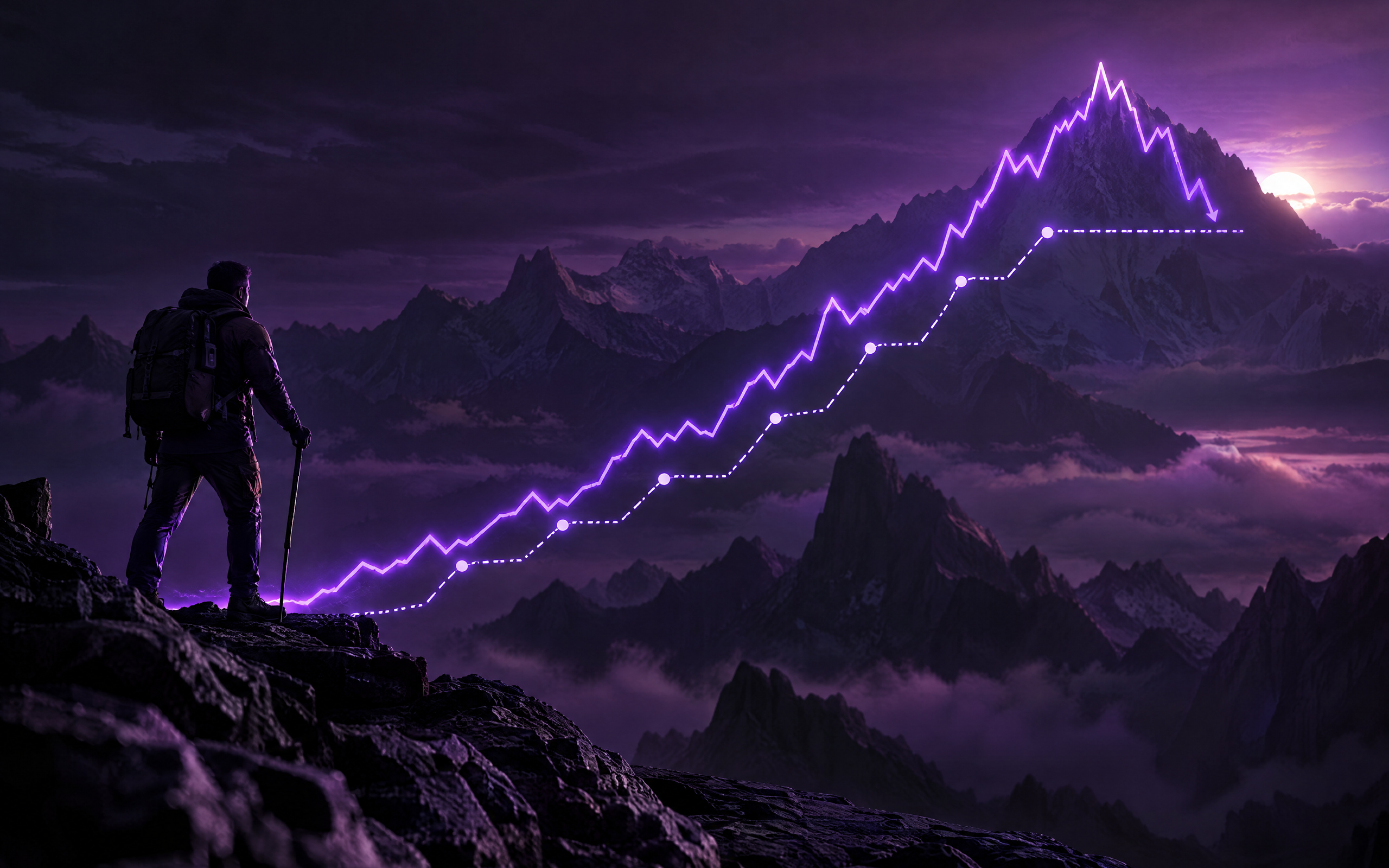 Ein nachlaufender Stop-Loss wird hier bildlich dargestellt: Silhouette eines Wanderers auf einem nächtlichen Gipfel vor einer violett leuchtenden Treppenlinie über vernebelten Bergen.